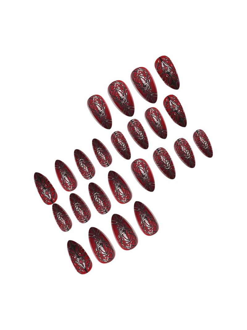SEENEEY Long Almond Press on Nails Halloween Dark Red Artificial Fake Nails with Black Spider Web Designs Stick on Nail for Women 24pcs - Image 3